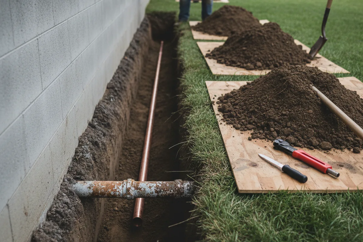 Excavated water line trench during Sewer Line Repair in Streator